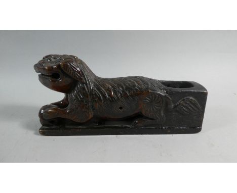 An Interesting Early Chinese Carved Wooden Study of Reclining Lion with Ball in Mouth and Paw on Pierced Globe. Rear Pen Wipe