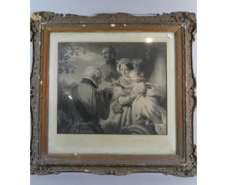 A Framed Monochromed Print, Victoria with First Child Being Presented with Gift, 50cm Wide 