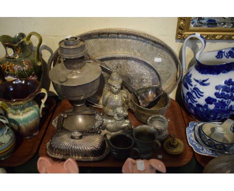 A Tray of Silverplate and Metalware to include Gallery Tray, Policeman and Rocking Horse Money Boxes, Butter Dish, Oil Lamp, 