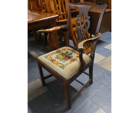 A 19th Century Side Armchair with Tapestry Seat and Pierced Splat, Scrolled Arms 