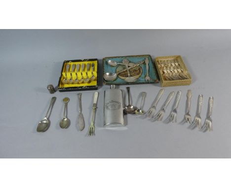 A Tray Containing Teaspoon Sets, Loose Cutlery, Jack Daniels Hip Flask Etc 