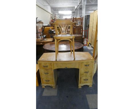 A Bow Fronted Satinwood Desk or Dressing Table together with Chair 115cms Wide 