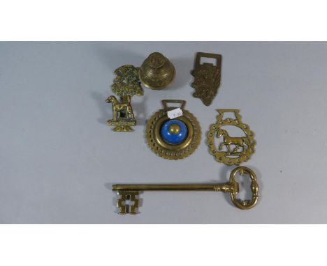 A Collection of Brassware to Include Large Ornamental Key, Two Horse Brasses, Dog Door Knocker etc 