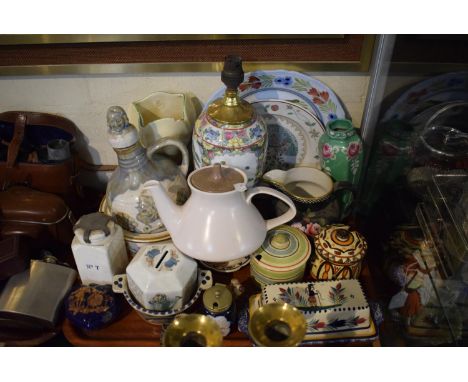 A Tray of Ceramics to include Poole Teapot, a Quimper Ware Butter dish, Oriental Table Lamp, Shelley Vase Etc 