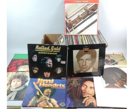 A Box Containing Approx 100 LP Records to include Beatles, Pink Floyd, Bob Dylan, Alex Harvey, Jimi Hendrix, Bob Marley, Stra