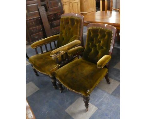 A Late Victorian Gents Button Upholstered Armchair and Matching Ladies Armchair 
