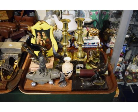 A Tray of Curios to include French Art Deco Clock Garnitures, German Shepherd Inkstand, Brass Candlestick Etc 