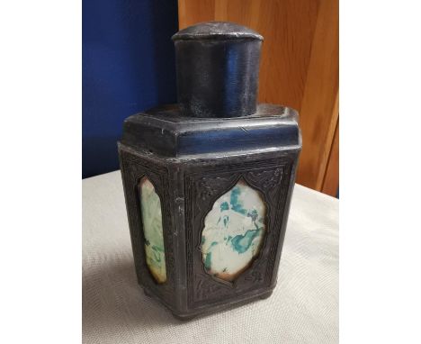 Antique Chinese Pewter &amp; Glass Panelled Tea Caddy