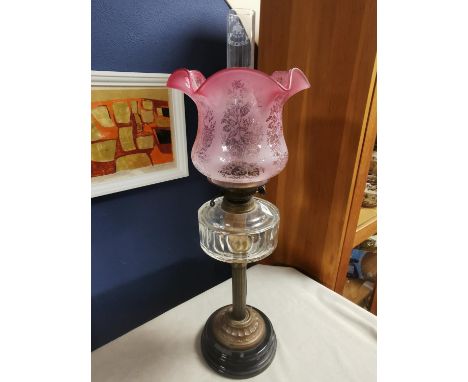 1930's Duplex Oil Lamp w/ornate Pink Fluted Shade