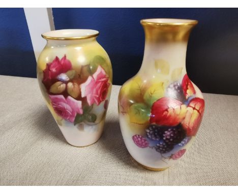Pair of late 19th Century Royal Worcester Floral and Fruits Vases, one signed by Kitty Blake - 11 and 10cm high