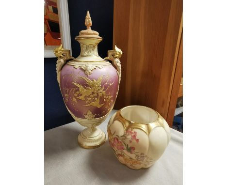 1894 Royal Worcester Lidded Urn (38cm high) + a Worcester Small Blush Floral Vase