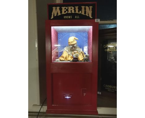 Merlin Knows All' Automaton Fortune Teller Puppet Old Penny Slot Machine - plugs in and in working order 