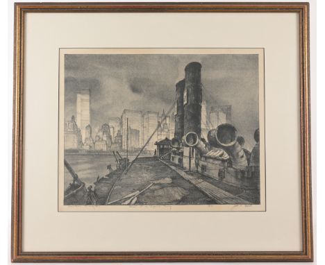 John Alexander Noble (French/American, 1913 - 1986)"Ghost of a Bygone Ferry" New York City East River Lithograph. (Downtown T