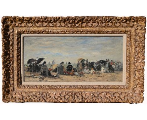 Eugene Louis Boudin (France, 1824 - 1898)"Trouville, Scene de Plage"Oil on Board. Signed lower right. Inscribed 'Trouville 74