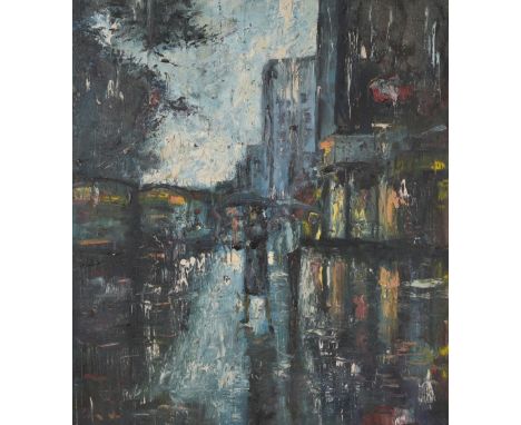 66 Rita Matthews Mid Century Cityscape.  Oil on Canvas. Signed and dated ('66) lower left.Overall Size: 30 x 24 in.
