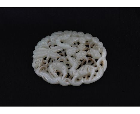 A Chinese jade pedant of deer and crane.Width: 2.75 in.
