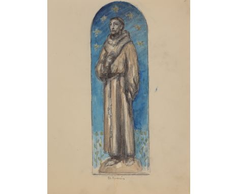 Francis Luis Mora (American, 1874 - 1940)"St Francis"Watercolor sketch on Paper. Titled lower margin.Provenance: From the est