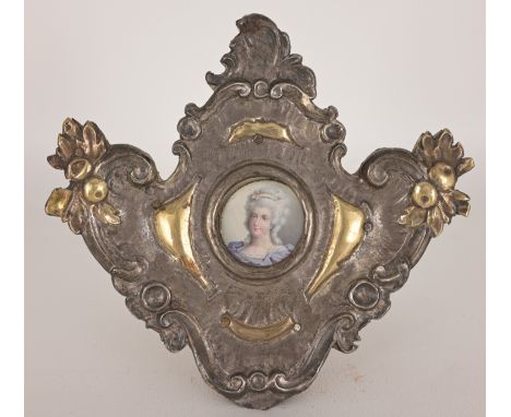 Italian 17th Century Miniature Portrait of a Lady in a Wooden Frame with Gilded Metal Overlay.Image Diameter: 1 in.Overall Fr