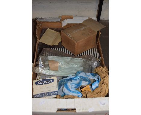 Box of mixed items to include assorted vintage matches, vintage packets of Silver Silk and Bronco toilet tissues, packaging f