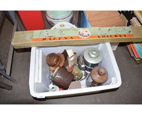 Box of various items to include oil lamp base, stone ware ink bottle, vintage cricket game etc