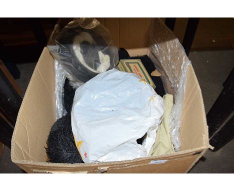 Box of various vintage hats, clothing, furs etc