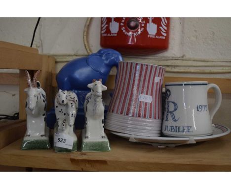 Rye pottery, various model animals, mugs and plate and a further Poole elephant