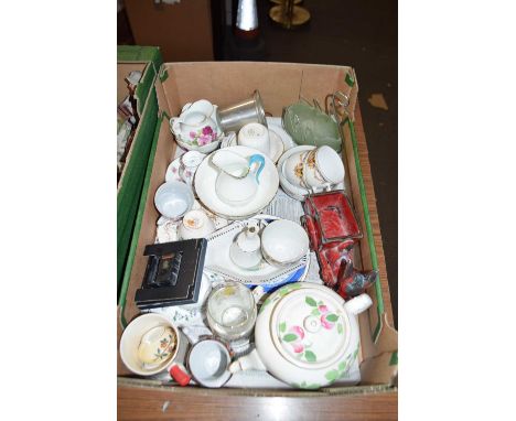 Box of various assorted tea wares, ornaments, small clock etc