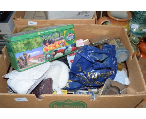 Box of various assorted vintage packaging and other items to include a Liptons Tea container plus various ashtrays and other 