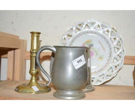 Mixed Lot: Ribbon plates, pewter tankards, brass candlestick etc