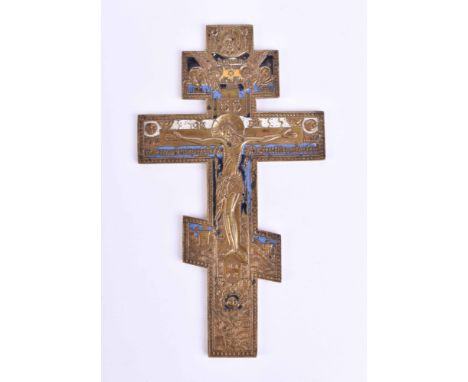 Russisch- Orthodoxes Segenskreuz Bronze, teils emailliert und rückseitig ziseliert, 25,5 cm x 14,3 cm