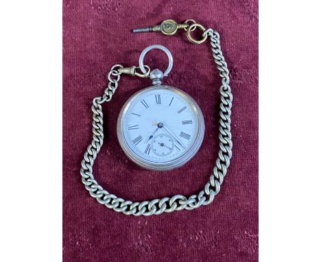 A hallmarked silver gents pocket watch with chain and key (slight damage to enamel dial runs intermittently) 