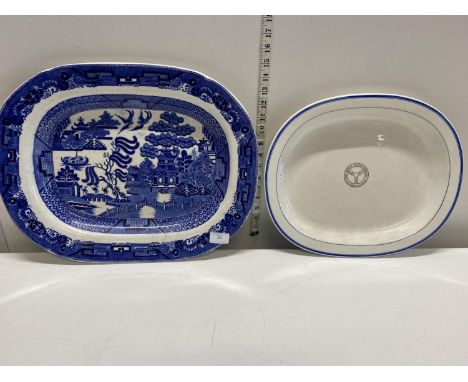 Two vintage blue and white meat plates 