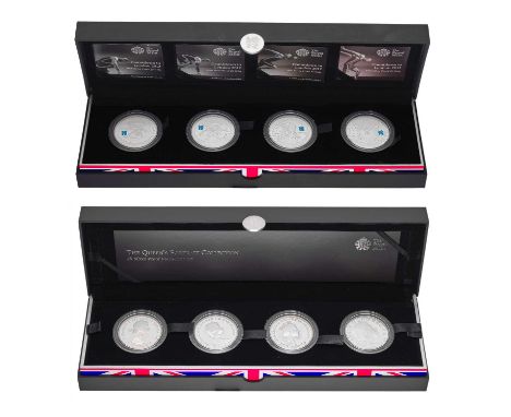 2x Royal Mint Silver Proof Four-Coin Sets; comprising; 'Countdown to London 2012' and 'The Queen's Portrait Collection' 2013;