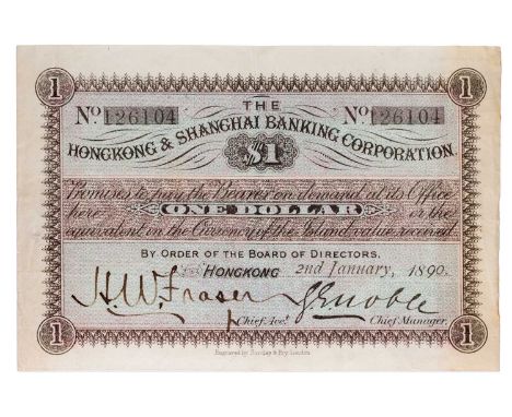 Hong Kong, Hong Kong and Shanghai Banking Corporation $1, 2nd January 1890, serial number 126104, black frame on light blue a