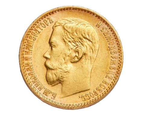 Russia, 5 Rubles 1899, (.900 gold, 18.5mm, 4.26g); obv. portrait of Nicholas II facing left, rev. crowned double-headed eagle