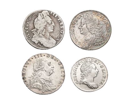 4x 17th and 18th Century Silver Coins, comprising; William III, sixpence, date unclear, Norwich Mint, later harp, (probably S