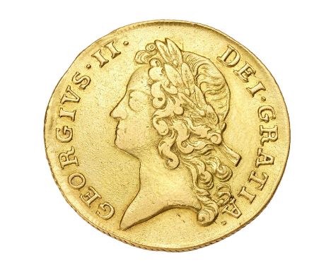 George II, Two Guineas 1739, seven strings to harp (S.3667B) edge bruise at 9 o'clock o/wise good fine, reverse very fine