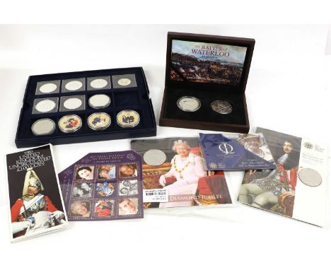 Assorted Silver Proof Commemoratives, to include; the Battle of Waterloo silver two coin set, boxed with certificate; a UK si
