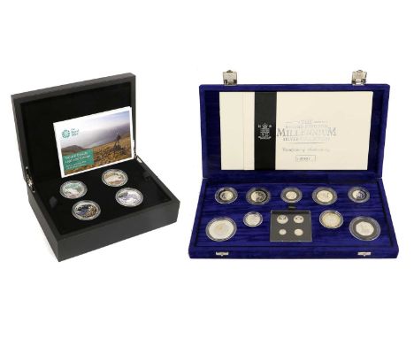 2x Royal Mint Silver Proof Sets, comprising; The United Kingdom Millenium Silver Collection 2000, crown down to maundy penny 