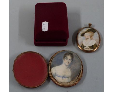 A 19th century or early 20th century leather cased portrait miniature on ivory of a lady in a white dress with blue bow, maxi