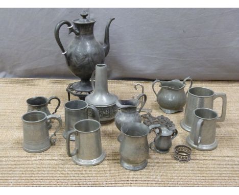 Quantity of 19th century and later pewter and other metalware including teapot