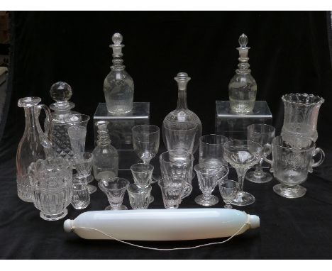 Twenty five pieces of Georgian and later clear cut glassware including decanters, tumblers, rolling pin, vases etc&nbsp;