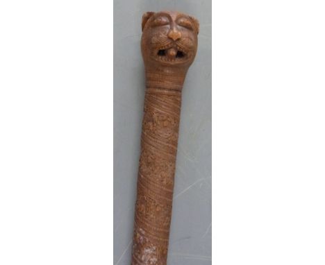 Burmese antique cane, the intricately carved shaft with figural lion head finial, L100cm