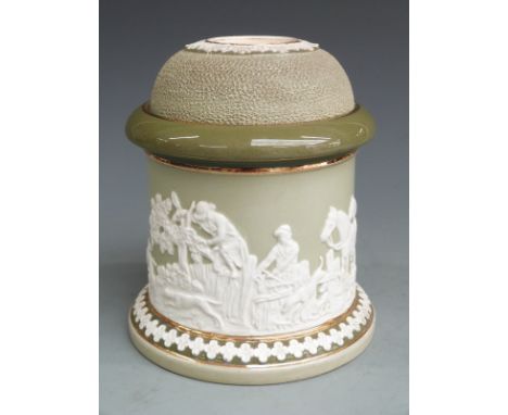 Carltonware combination tobacco jar/striker, relief decorated with a hunting scene, with inner lid and tamper, 14cm tall