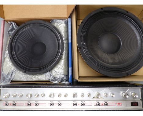 H and H electronics model MA100S amplifier serial no. 10377, together with an SKS 1508-B156 bass speaker cone, and a boxed, P
