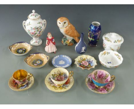 Signed Aynsley trio decorated with roses, Wedgwood, Carltonware vase, Paragon figurine, Beswick owl etc