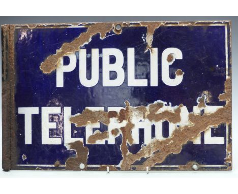 Vintage Public Telephone double sided enamel sign, 30 x 47cm