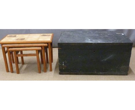 Metal bound travelling trunk, width 85cm, flight case and a nest of three retro tables