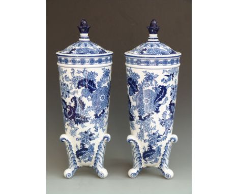 Pair of Spode footed and covered vases decorated in the Worcester Wheel pattern, in original boxes, H49cm