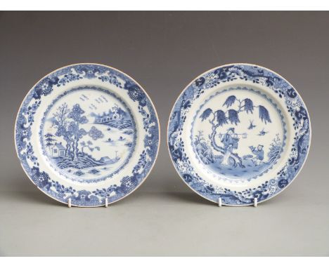 Two 19thC Chinese export plates decorated with a seascape/fishing scene and another with figures carrying a basket and a boy 